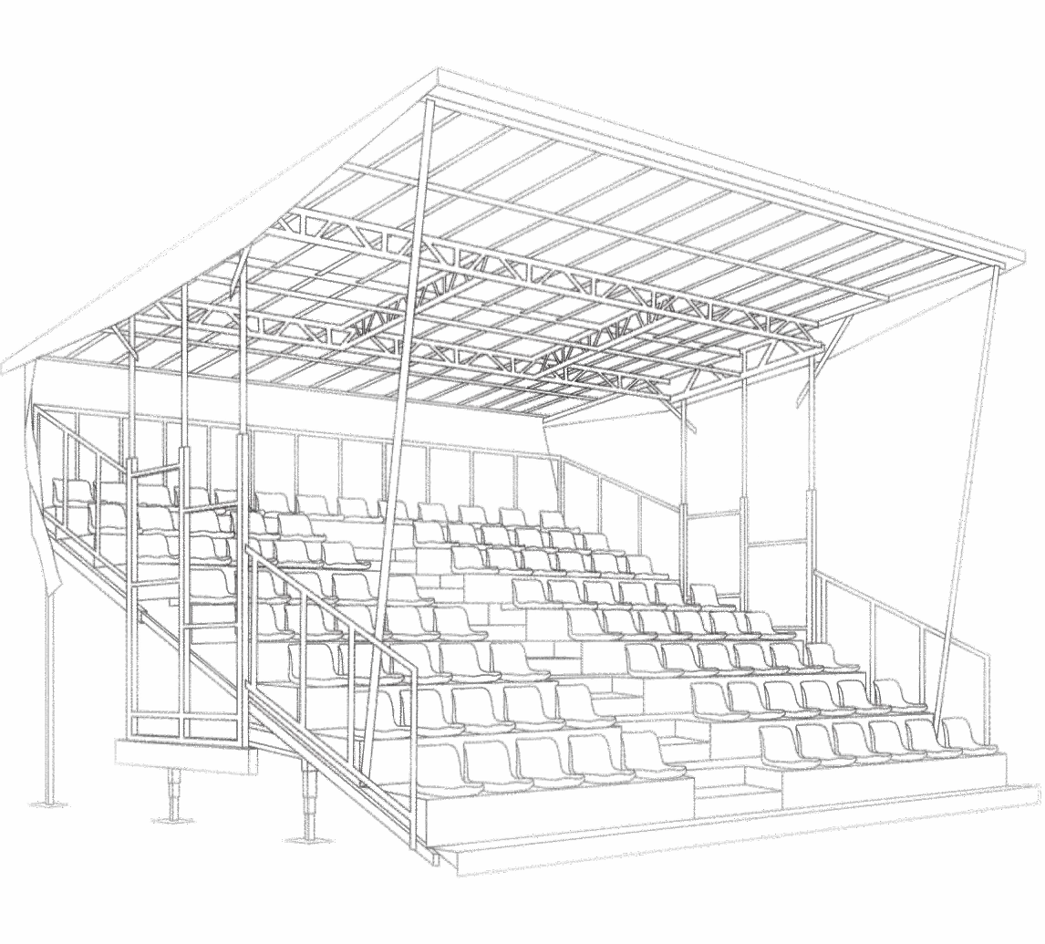 General arrangement drawing of a KL Seating mobile grandstand: single bank of tiered seats, flat integrated roof, access stairs